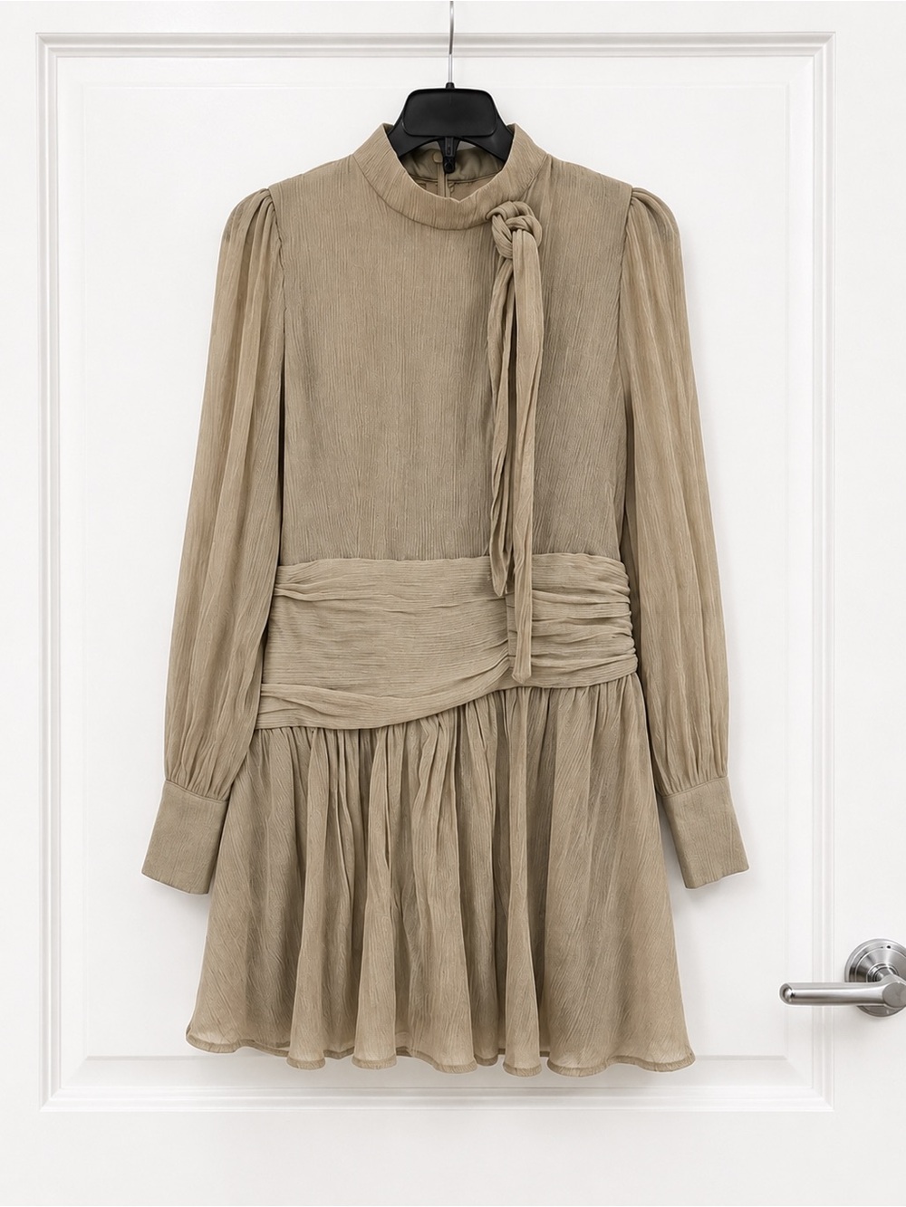 Tie-Neck Long Sleeve Mini Dress in Taupe